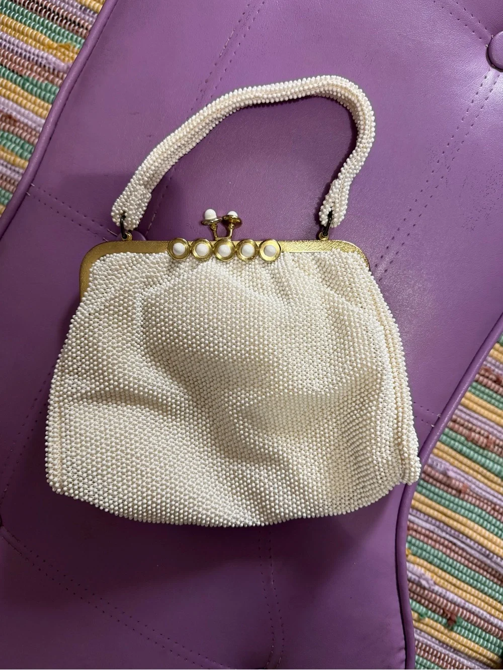 Vintage lumered Pearl petite bead Beaded White Evening Clutch with Gold Frame